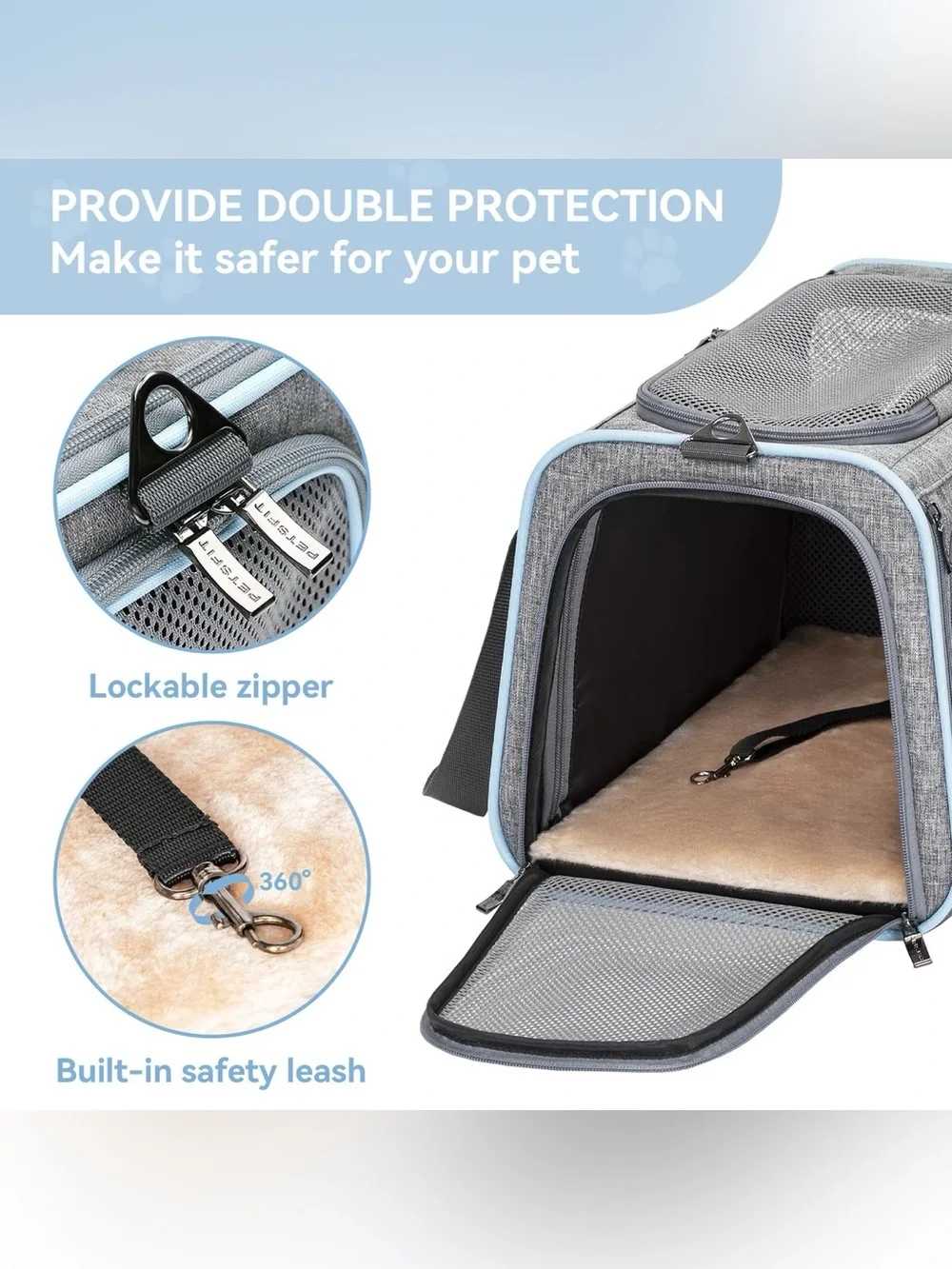 GRAY EXPANDABLE PET CARRIER WITH REMOVABLE LINING SOFT